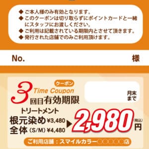 既存顧客再来店促進用 根元染め3枚綴クーポンチケット (3回目根元or全体)